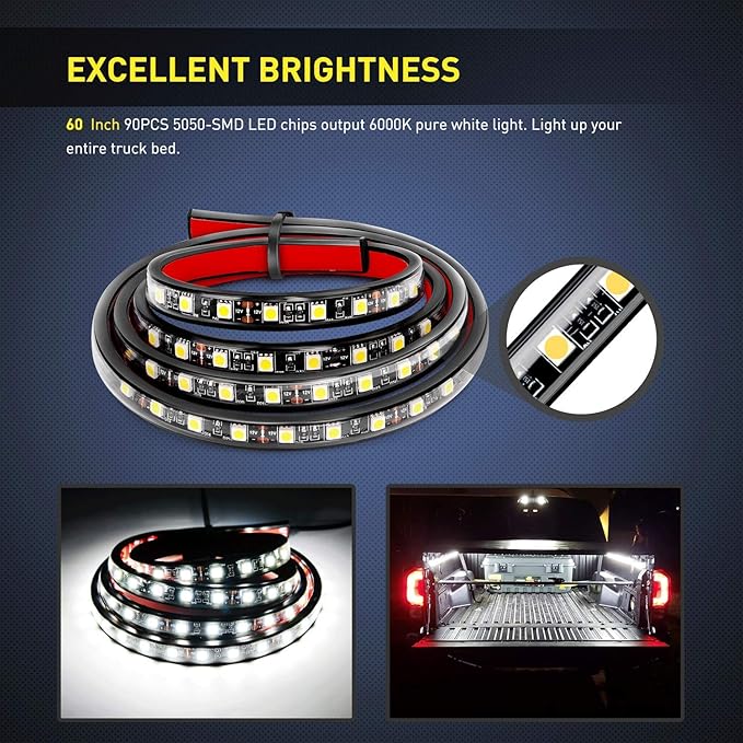 Nilight - TR-05 2PCS 60 Inch 180 LEDs Bed Strip Kit with Waterproof on/Off Switch Blade Fuse 2-Way Splitter Extension Cable for Cargo, Pickup Truck, SUV, RV, Boat , 2 Years Warranty