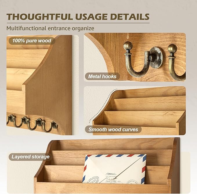 Rebee Vision Pine Wood Key Holder Wall Mount - Rustic 3-Tire Mail Holder for Wall with Sturdy Key Hooks - Multifunctional Key