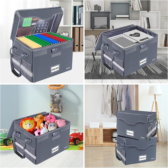 DocSafe Fireproof Document Box with Lock,File Storage Organizer with Zipper Pockets,Collapsible Portable File Box Home Office