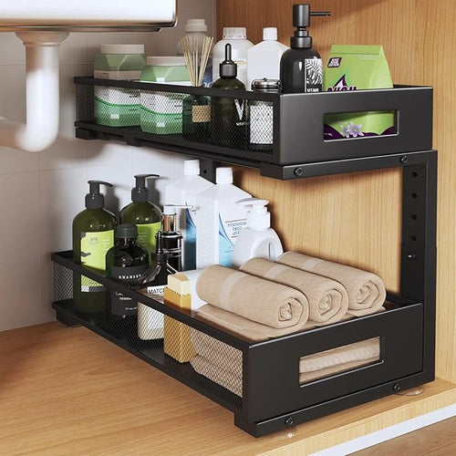 1 Pack 19IN Depth Under Sink Organizer, 2-Tier Pull Out Cabinet Organizer With Smooth Circular Rail, Large Capacity Metal Mes