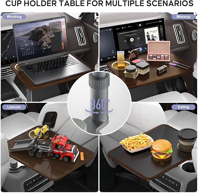 Car Desk Car Tray for Laptop & Food, Wooden Cup Holder Table with Adjustable Height, Car Accessories for Women & Men 360° Rotatable Steering Wheel Tray for Tesla Model Y/3/S, Ford F150 & Most Vehicles