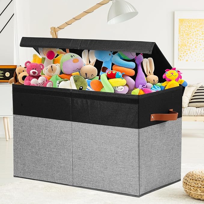 Gowee Large Toy Storage Box with Lid, Sturdy Toys Storage Chest Bin Organizer Basket with Dividers for Kids, Boys, Girls, Nur