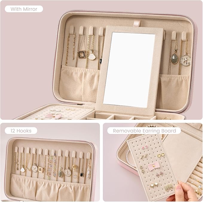 Lolalet Travel Jewelry Case for Women Girls, Travel Jewelry Organizer Box with Mirror & Clear Storage Bag, Small Portable Ear