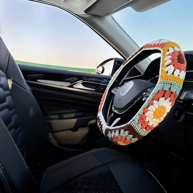 Handmade Steering Wheel Cover, Crochet Steering Wheel Cover, Sunflower Granny Square Wheel Cover, 14-15 inch, Universal fit，Boho Car Accessories, for Women and Girly (A Wheel Cover)