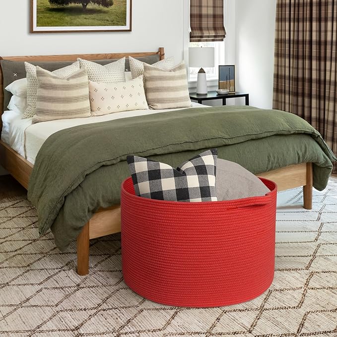 MEGASKET 115L Extra Large Red Basket for Organizing, 23.6"x15.7" Jumbo Woven Cotton Rope Bins for Blankets, Baby Nursery Laun
