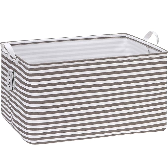 Sea Team Collapsible Extra Large Canvas Fabric Storage Basket with Handles, Rectangle Waterproof Storage Bin, Box, Cube, Fold
