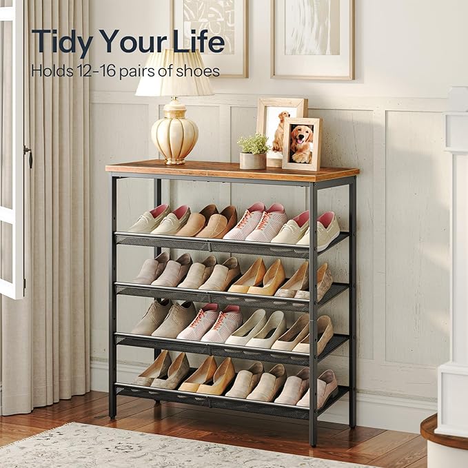 HOOBRO Shoe Rack for Entryway, 5-Tier Shoe Organizer with Adjustable Mesh Shelves, 16-20 Pairs of Shoes, Spacious Floor Mount