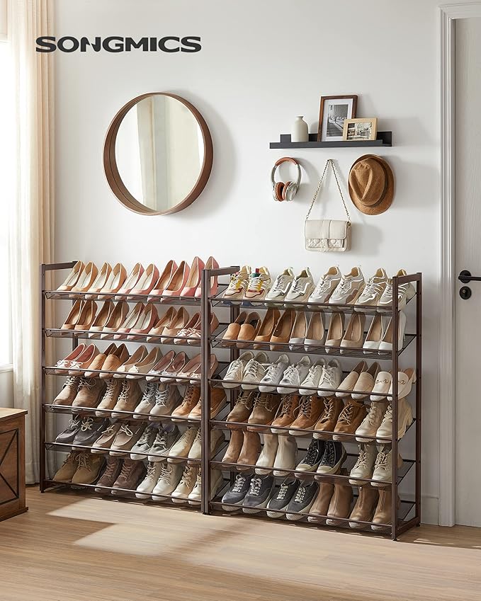 SONGMICS Shoe Rack, 12-Tier Shoe Organizer, Metal Rack for Garage, Set of 2, 6-Tier Stackable Shelf, with Adjustable Flat or 