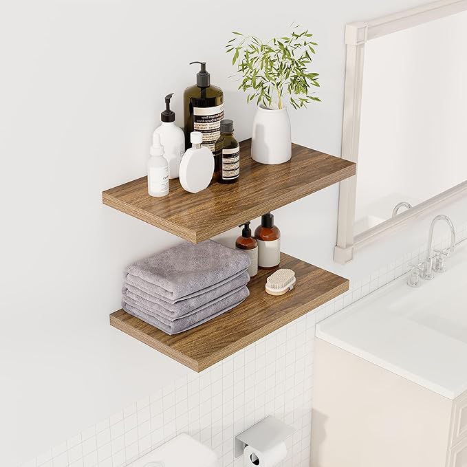 Dreamland 24" Floating Shelves for Wall, 12" Deep Slim Walnut Floating Shelves, Wall-Mounted Shelves for Bedroom, Living Room