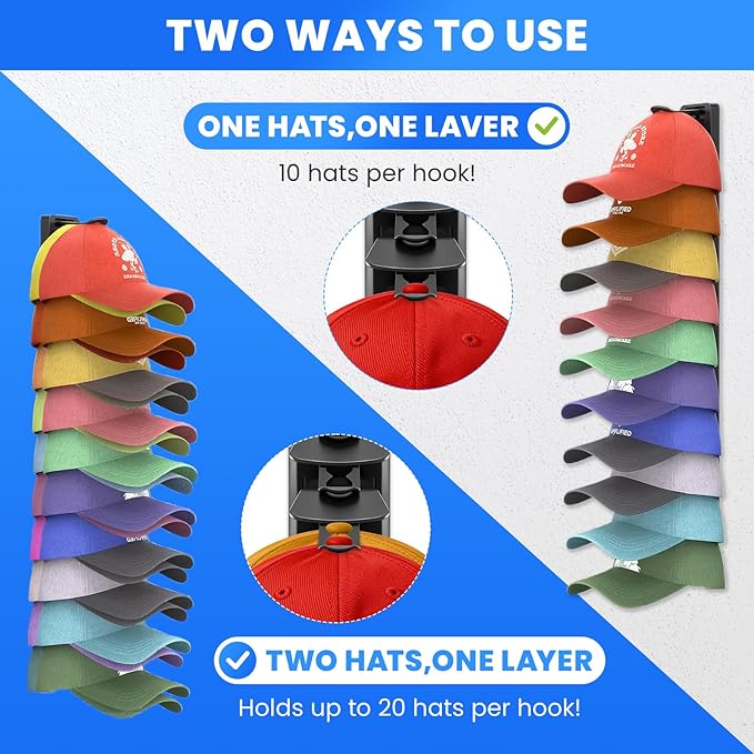 Vrurc Hat Organizer for Baseball Caps, 2 Pack Wall Mounted Rack with Strong Adhesive, Multilayer Storage Holds 40 Hats for Cl