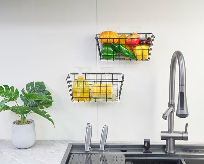 JUNCHU CHERRY 2 Pack Hanging Storage Basket, Bathroom Basket, Household Goods, with Traceless Tape, no Drilling, for Cabinet 
