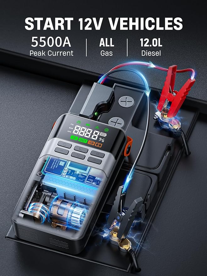 8-in-1 Car Jump Starter with Air Compressor - 5500A Peak, 150PSI Tire Inflator, 12V Portable Power Bank, LCD Display, and