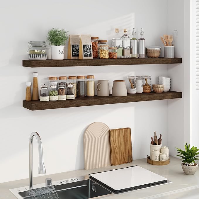 Fun Memories 55 Inch Fireplace Mantel - Long Floating Shelf, Wall Mounted Farmhouse Display with Invisible Heavy Duty Metal B