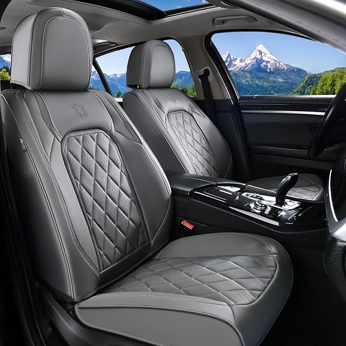 Coverado Car Seat Covers Full Set, Luxury Faux Leather Seat Covers for Cars, Waterproof Car Seat Protector, Gray Car Seat Cov