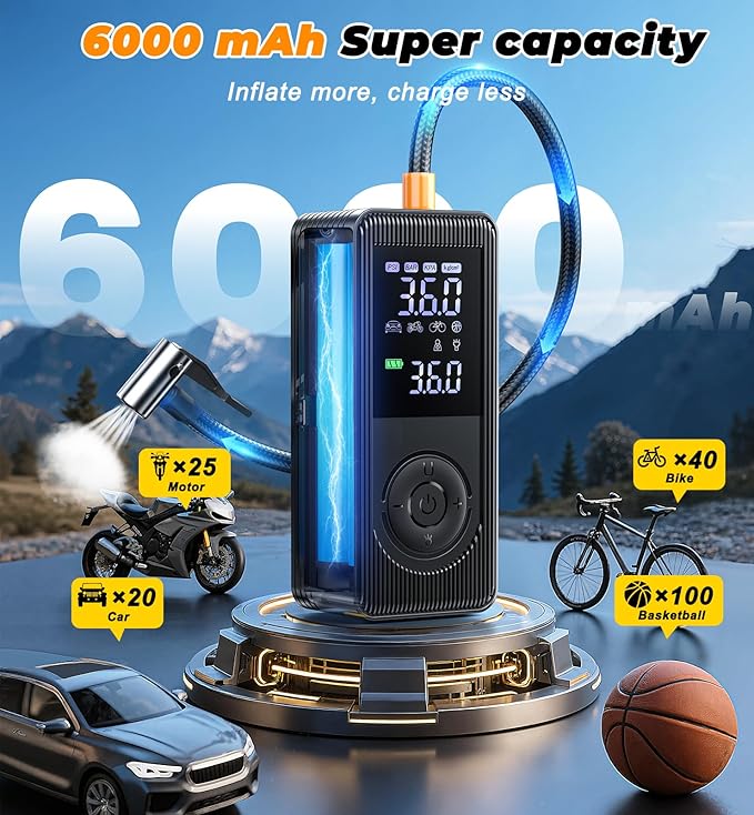 Tire Inflator Portable Air Compressor - 150 PSI 4X Fast Inflation Rechargeable Battery & 12V DC Adapter Powered Air Pump for Car Bike Motorcycle Tires Balls with LCD Display, LED Light