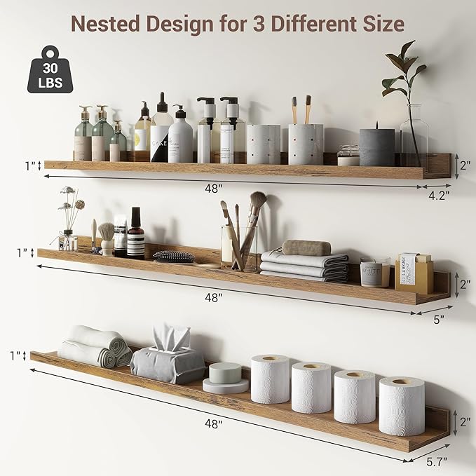 Axeman 48 Inch Floating Shelves | Brown Picture Ledge Shelf Set of 3 | Rustic Brown Wood Wall Shelves with Lip | 48" Picture 