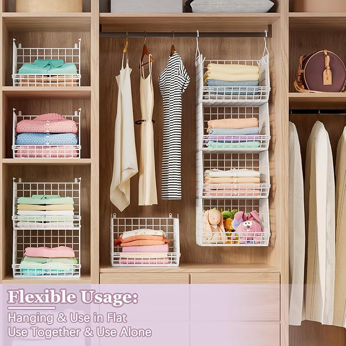 5 Tier Closet Hanging Organizer, Clothes Hanging Shelves with 4 Hanging Hooks 5 S Hooks, Wire Storage Basket Bins, for Clothi