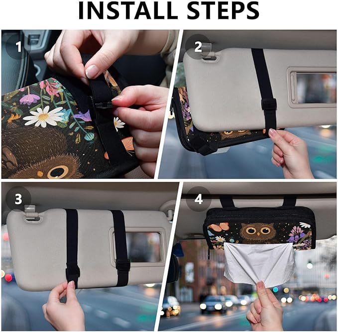 Car Tissue Holder Car Visor Organizer Tissue Box Holder for Car Sun Visor Organizer with Car Vehicle Accessories Essentials Interior for Women Men Black Owl Flowers Butterflies