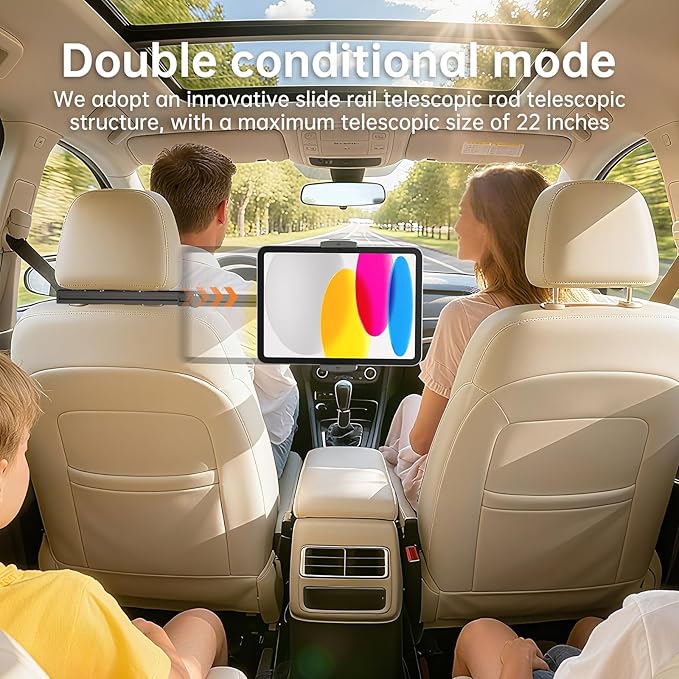 Headrest Tablet Holder for Car Accessories, Crafted from aircraft-grade aluminum，Universal Car Tablet Mount with 22'' Extendsion Arm Car Seat Mount for iPad, Galaxy, Fire HD or 4.7-12.9” Tablets