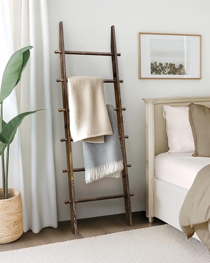 TEAKMAMA 6-Tier Blanket Ladder with Hanging Knobs,5.5 Ft Wall Leaning Blanket Ladders for Living Room Bedroom,Rustic Decorati