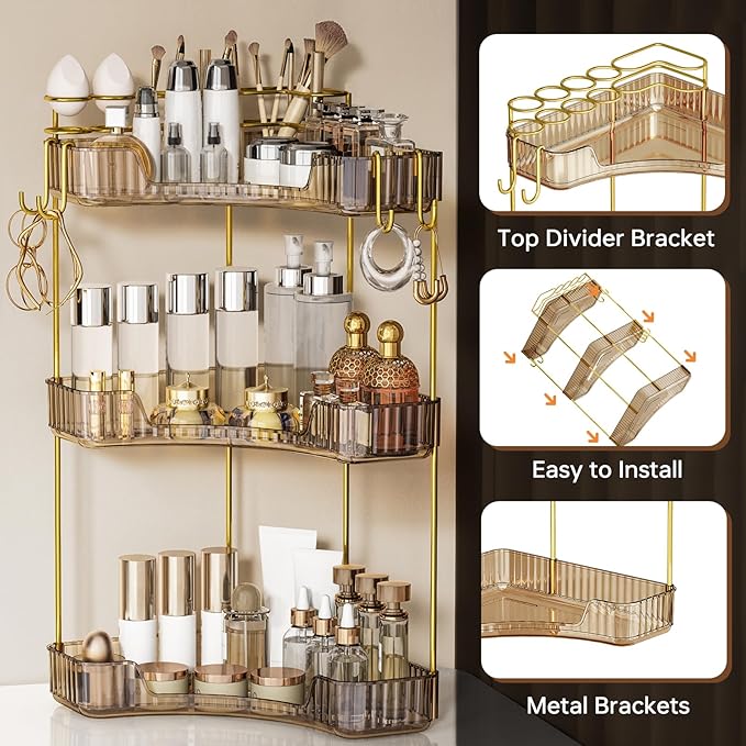3-Tier Corner Bathroom Counter Organizer，Makeup & Skincare Shelf with Built-in Brush Holder，Space-Saving Bathroom Countertop 