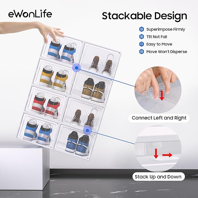 eWonLife Large Shoe Organizer Storage Box with Magnetic Door,12 Pack Clear Plastic Stackable Sneaker Containers for Closet, C