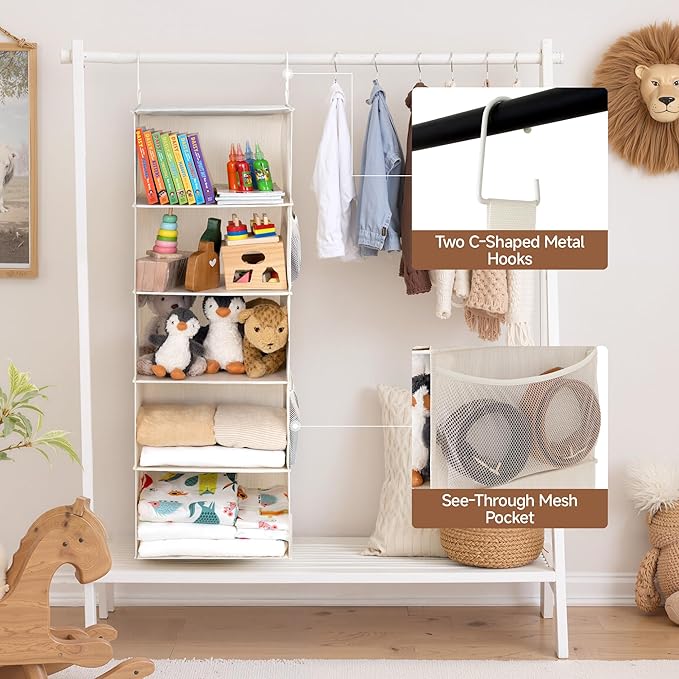 StorageWorks 5-Shelf Hanging Closet Organizers, Foldable Closet Storage Organizer with 2 Side Pockets, Portable Hanging Shelv