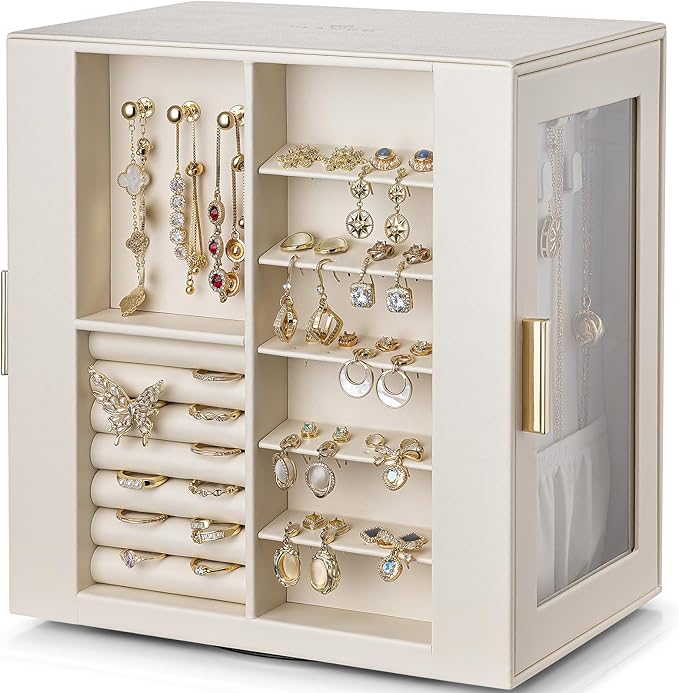 VLANDO 360ｰ Rotating Jewelry Box with 5 Drawers, Mothers Day Mom Gifts, Large Jewelry Storage with 2 Glass Window, PU Leather