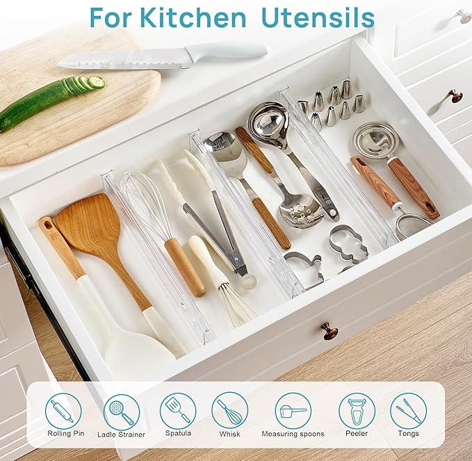 Vtopmart 8 Pack 2.36" Short Upgrade Drawer Dividers for Kitchen Drawer, 12.8"-22.3" Expandable Kitchen Drawer Organizer, Clea