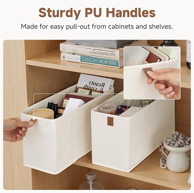 StorageWorks Fabric Storage Bins, Small Storage Bins with PU Handle, Decorative Narrow Baskets for Shelves, Ideal for Organiz
