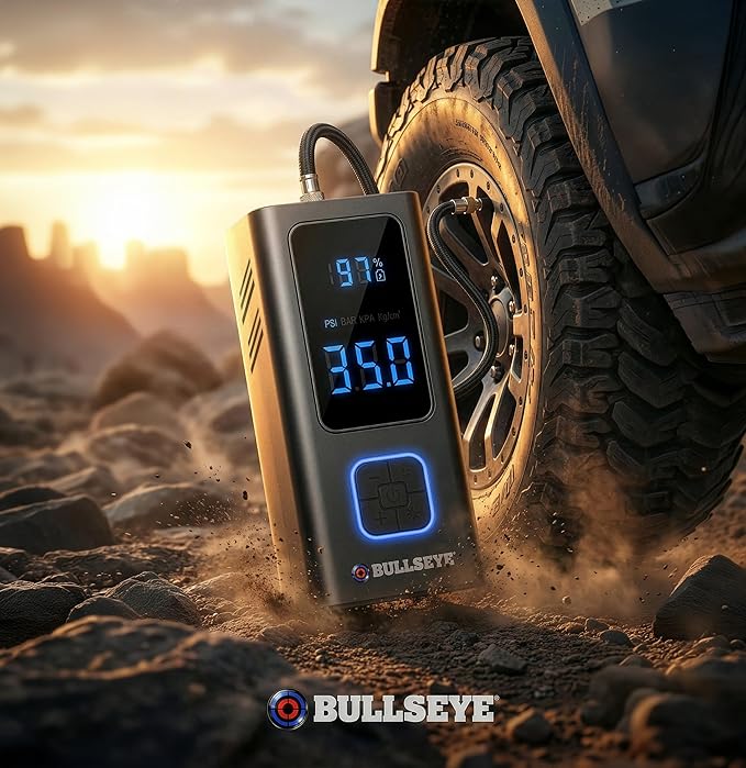 POCKET AIR PRO Tire Inflator Portable Air Compressor by Bullseye Pro for Tires, Balls, Bike with Persta Valve, Auto Shut Off, Inflates in 2 Min, Cordless Rechargeable 6000MAH,150 PSI, SoS Light