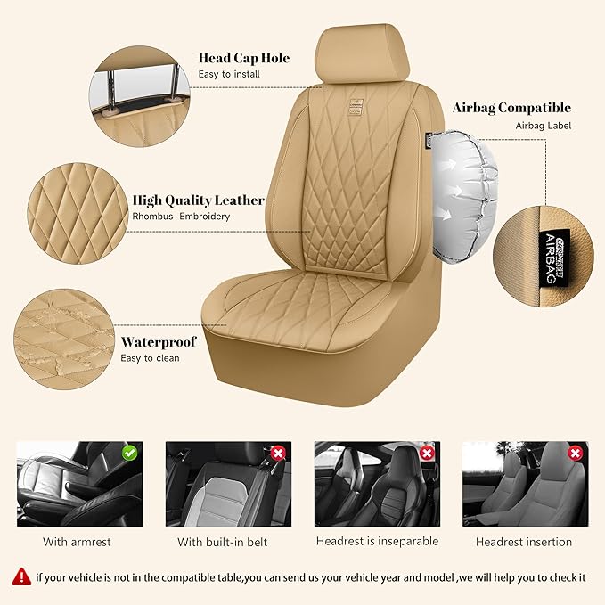 CAR PASS Piping Luxury Leather Seat Covers Full Set,5 Seats Leatherette Anti-Slip Waterproof Seat Covers Compatible with Fron