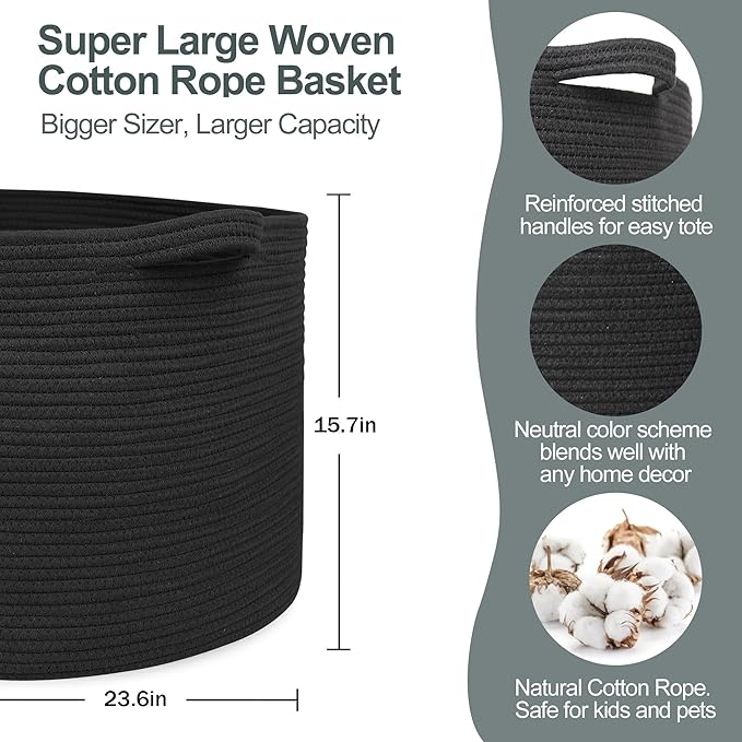 MEGASKET 115L Super Large Black Blanket Basket, 23.6"x15.7" Woven Rope Bin for Storage, Oversized Kids Dog Toy Storage Box Bi