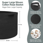 MEGASKET 115L Super Large Black Blanket Basket, 23.6"x15.7" Woven Rope Bin for Storage, Oversized Kids Dog Toy Storage Box Bi