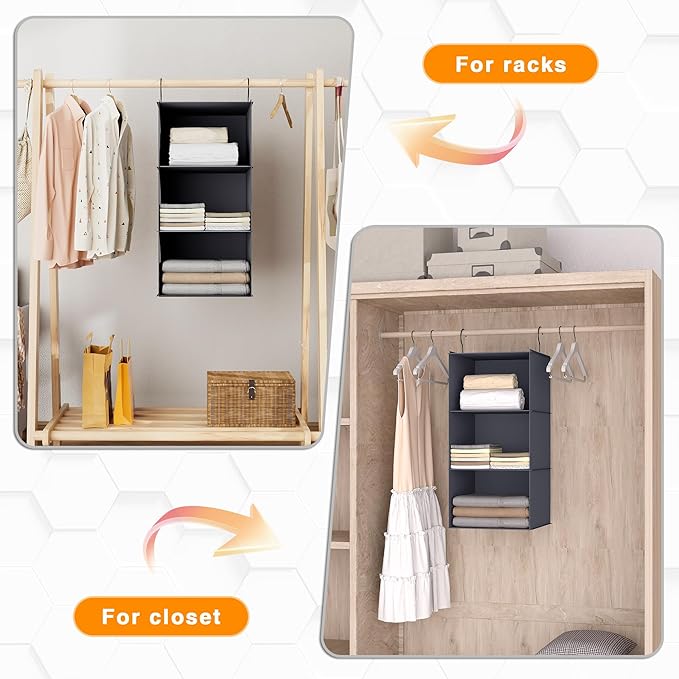 Hanging Closet Organizer and Storage 3-Shelf, Easy Mount Foldable Hanging Closet Wardrobe Storage Shelves, Clothes Handbag Sh
