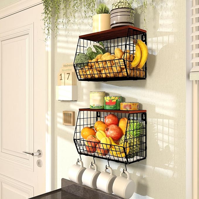 Mefirt 2pcs Fruit Basket Kitchen Storage Basket with Wood Lid, Stackable Wall Basket Fruit Basket for Kitchen, Countertop Org