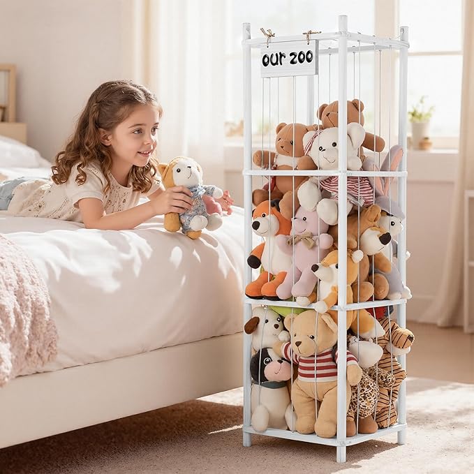 LAMU Stuffed Animal Storage, Wooden Zoo Stuffed Animal Holder with Elastic Cords, Space Save Toy Organizer, Extra Large Capac