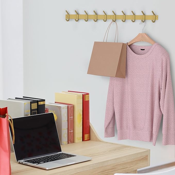 Brushed Gold Wall Mounted Coat Rack – 30 Inch Stainless Steel Rail with 10 Double Coat Hooks for Entryway, Bathroom, Bedroom,