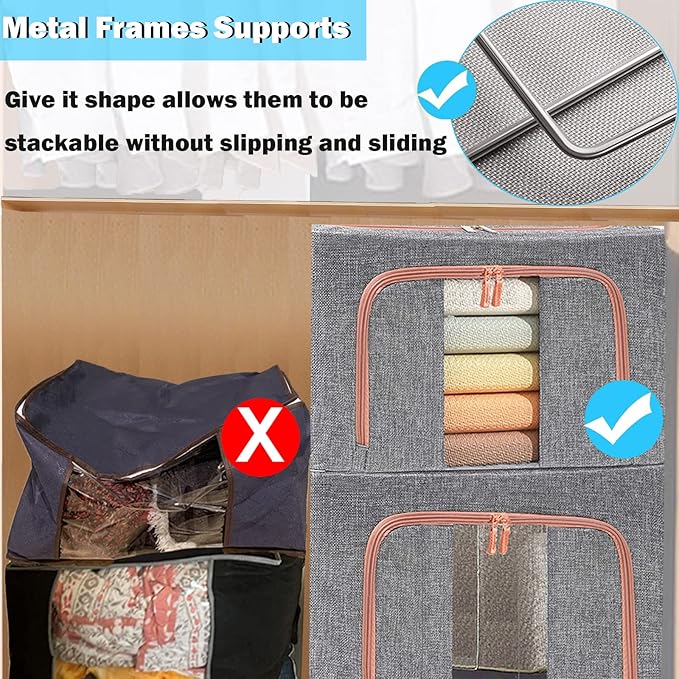 Large Storage Bags,Stackable Clothes Storage Bins with Hold Shape Metal Frame,Foldable Closet Organizer Containers with Zippe