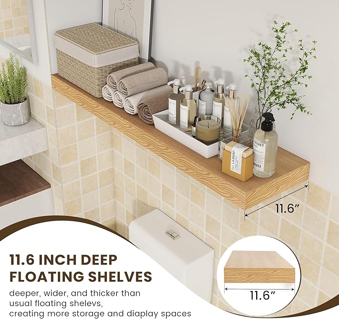 48 Inch Oak Floating Shelf | 12 Inch Deep Floating Shelves Set of 1 | 48" D x 12" D Rustic Wood Shelves for Wall | Deep Oak S