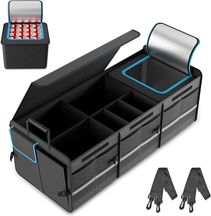 MEI&CO Car Trunk Organizer - 2.5mm PP Board Built, 35L Leakproof Cooler, 105L Capacity, 2 Tie-Down Straps, 4 Adjustable Divide