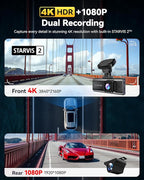 REDTIGER 4K HDR Dash Cam Front and Rear, STARVIS 2 Sensor, 5.8GHz WiFi APP, 3.18" Touchscreen, Voice Control, 128G Card Inclu