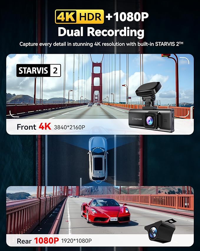 REDTIGER 4K HDR Dash Cam Front and Rear, STARVIS 2 Sensor, 5.8GHz WiFi APP, 3.18" Touchscreen, Voice Control, 128G Card Inclu