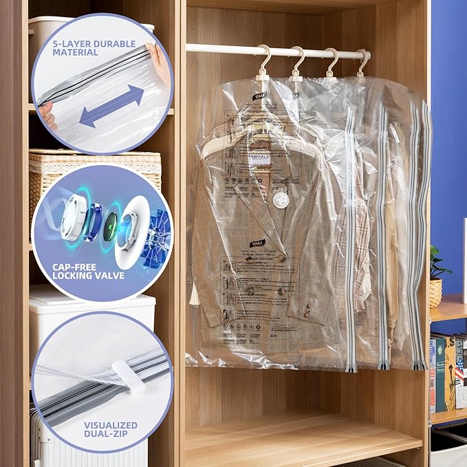 Hanging Vacuum Storage Bags, 4 Pack (41.3 x27.6 inch), Vacuum Seal bags for Clothing, Space Saver Garment for Short Clothes, 