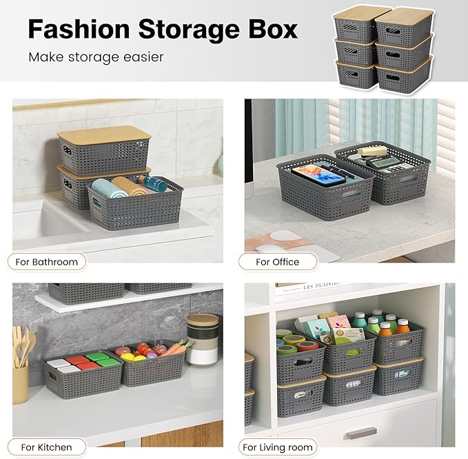 Plastic Storage Baskets With Bamboo Lid - Plastic Storage Containers Stackable Storage bins: Storage Baskets for Organizing S