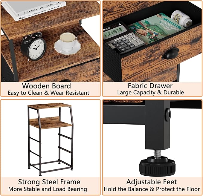 Furnulem Nightstand with 3 Drawers and 2-Tier Shelf, Fabric Small Dresser Organizer Vertical Storage Tower for Bedroom, Close
