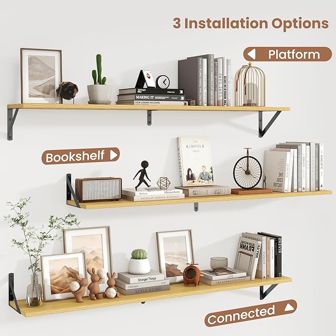 Axeman 48 Inch Floating Shelves | 8 Inch Deep Oak Wall Shelves Set of 2 | 47.3W x 8D Rustic Wood Shelves for Bookshelf Living
