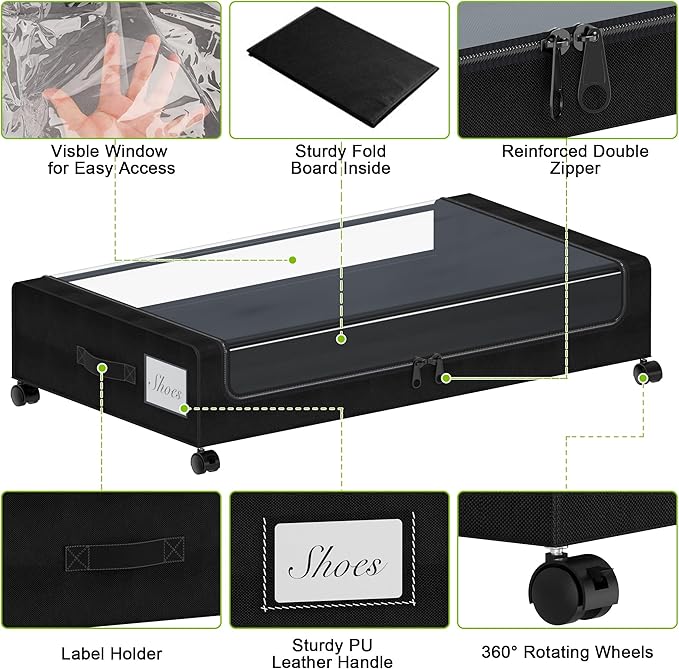Under Bed Storage with Wheels, XXL 60L Under the Bed Storage Bins, Underbed Storage Containers with Lids & Label, Rolling Met