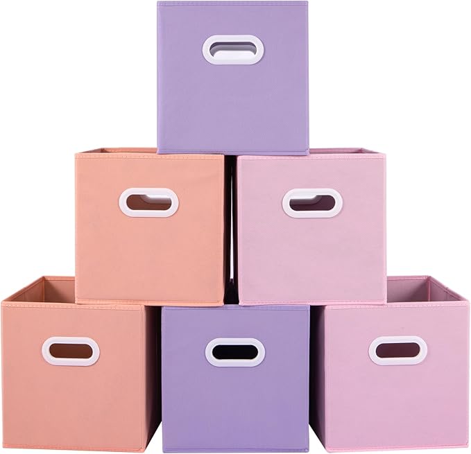 Stero Fabric Storage Bins 6 Pack Fun Colored Durable Storage Cubes with Plastic Handles Foldable Cube Baskets for Home, Kids 