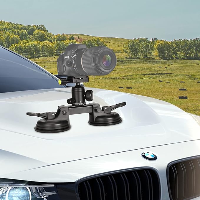 Professional Heavy Duty (20 lbs Load) DSLR Mirorrless Camera Suction Cup Car Mount Camcorder Vehicle Holder w/ 360°Panorama Ball Head + Quick Release Plate Compatible with Nikon Canon Sony RED BM